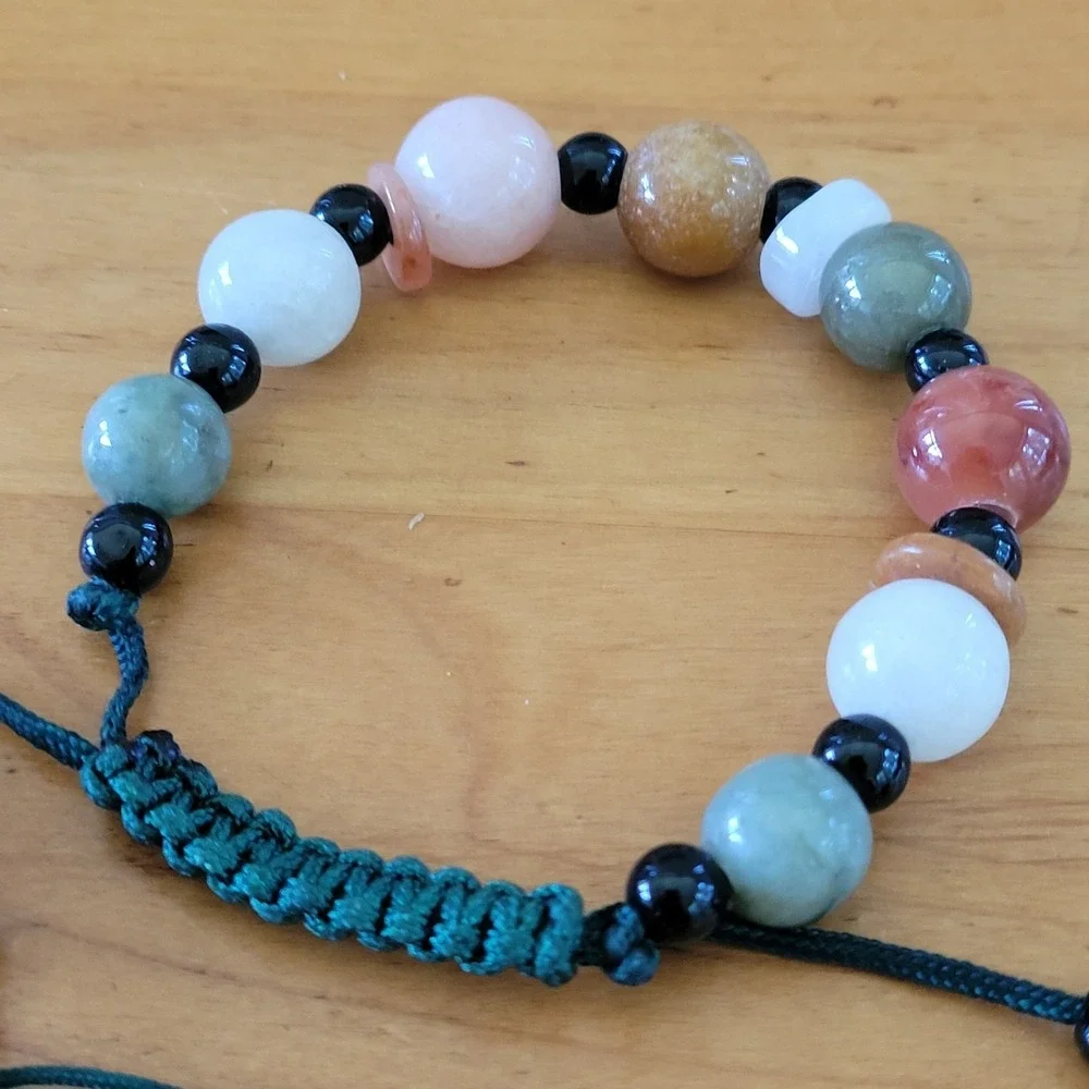 Jade Mixed Gemstone Adjustable Bracelet Pair Rose Quartz Agate Onyx